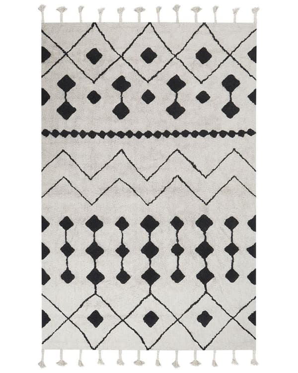 Matta Off-White Svart Bomull 160 x 230 cm Geometriskt Mönster Runor Stam Tofsar Orientalisk