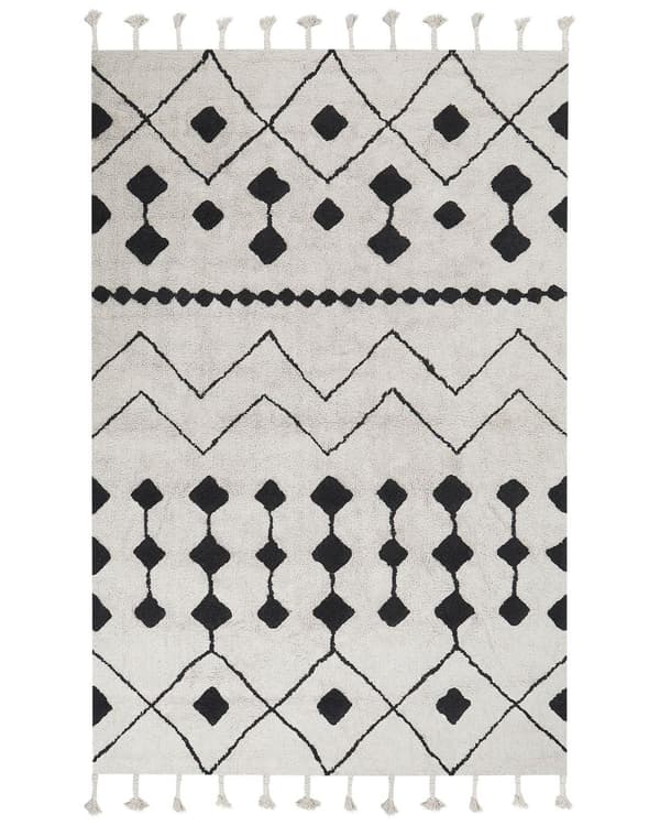 Matta Off-White Svart Bomull 160 x 230 cm Geometriskt Mönster Runor Stam Tofsar Orientalisk