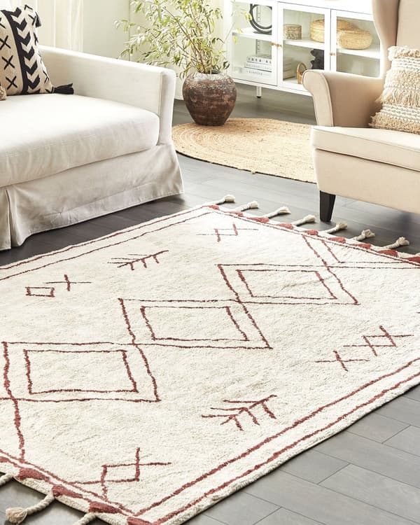 Matta Off-White Mörkröd Bomull 140 x 200 cm Geometriskt Mönster Runor Stam Tofsar Orientalisk