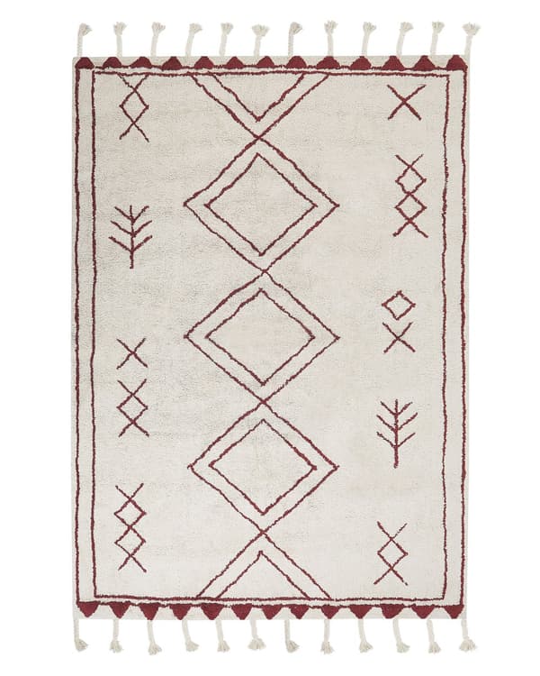 Matta Off-White Mörkröd Bomull 140 x 200 cm Geometriskt Mönster Runor Stam Tofsar Orientalisk