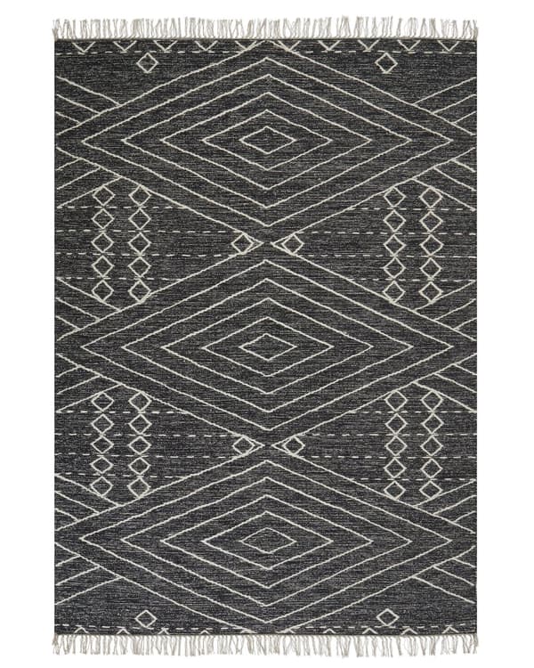 Matta Off-White Svart Bomull Ull 140 x 200 cm Geometriskt Mönster Runor Stam Tofsar Orientalisk