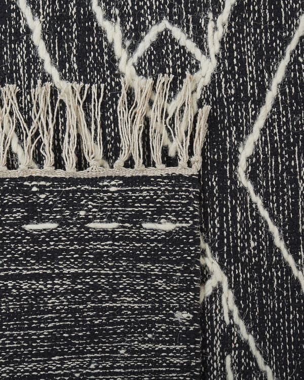 Matta Off-White Svart Bomull Ull 140 x 200 cm Geometriskt Mönster Runor Stam Tofsar Orientalisk