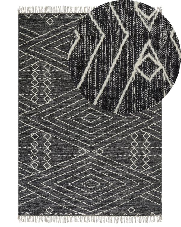 Matta Off-White Svart Bomull Ull 140 x 200 cm Geometriskt Mönster Runor Stam Tofsar Orientalisk