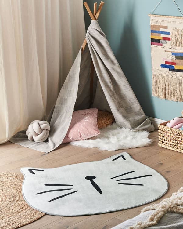Barnmatta Grå Polyester ⌀ 100 cm Lekrumsmatta Djur Kattmotiv