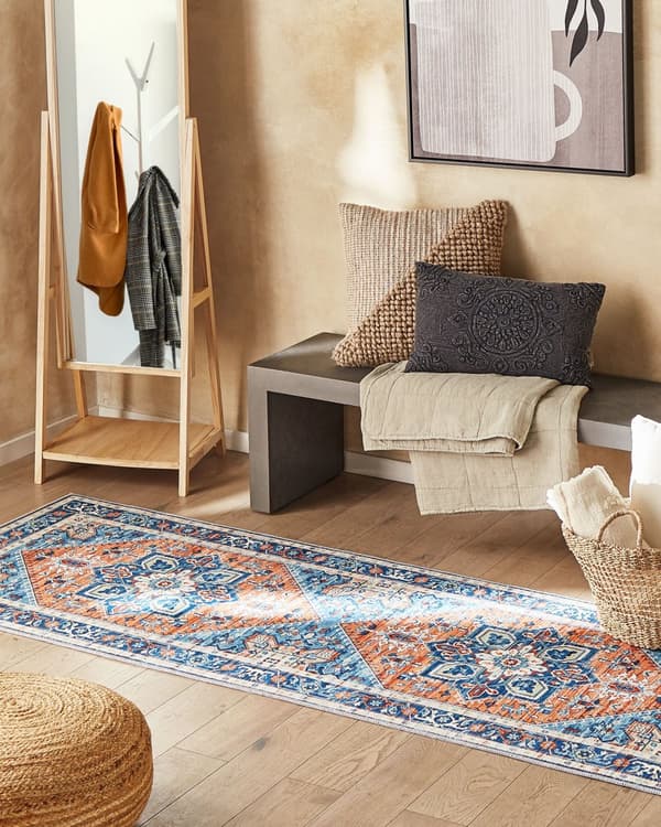 Matta Blå och Orange Polyester 80 x 300 cm Geometriskt orientaliskt mönster Halkskyddsbotten Modern hall