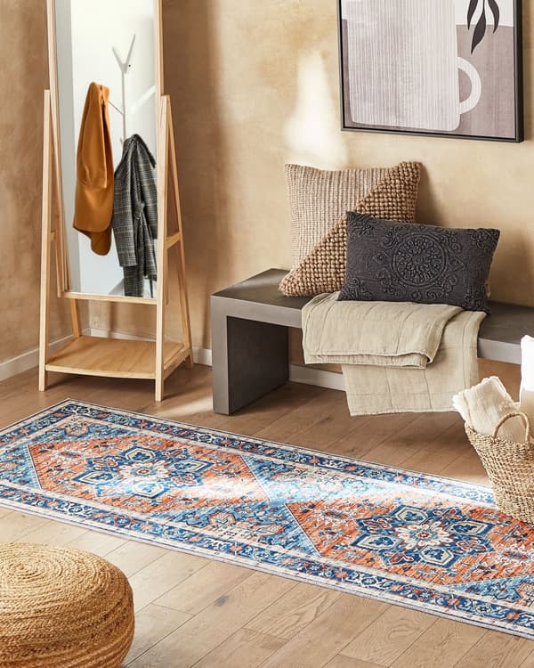 Matta Blå och Orange Polyester 80 x 240 cm Geometriskt orientaliskt mönster Halkskyddsbotten Modern hall