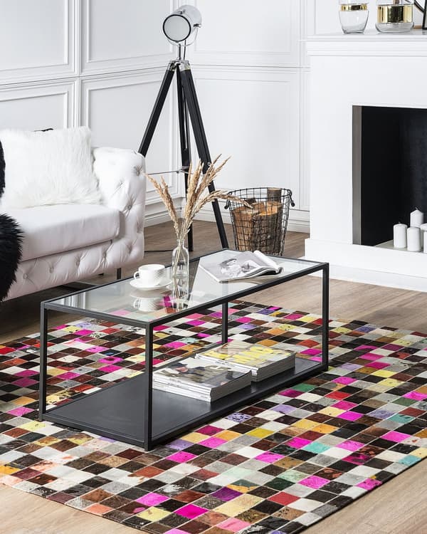 Teppe Flerfarget Kuskinn 200 x 200 cm Lappeteknikk Håndlagd Dekorativt Innredning Stue Soverom Moderne