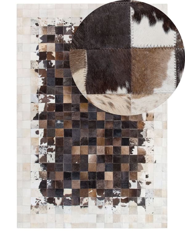 Teppe Brun Beige Skinn 140 x 200 cm Lappeteknikk Kuskinn Håndlaget Moderne stil Tekstiler Tilbehør Gulvteppe