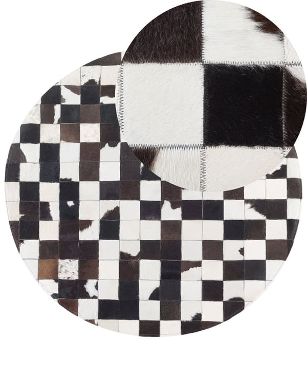 Rundt Teppe Svart Hvit Skinn ø 140 cm Patchwork Håndlaget