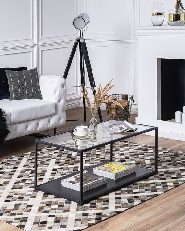 Teppe Gråbrunt Flerfarget Skinn og Filt 140 x 200 cm Rektangulært Geometrisk Lappeteppe Kuskinn Rombmønster Stue Soverom Dekor