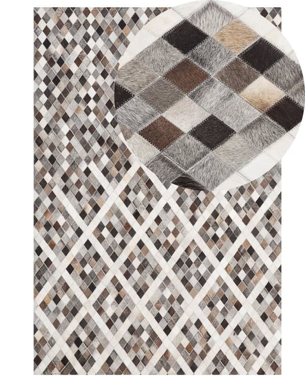 Teppe Gråbrunt Flerfarget Skinn og Filt 140 x 200 cm Rektangulært Geometrisk Lappeteppe Kuskinn Rombmønster Stue Soverom Dekor