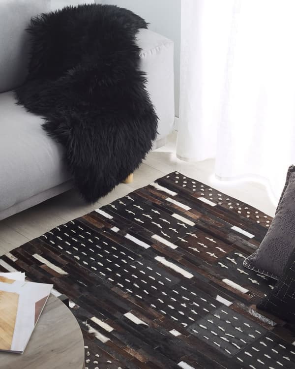 Teppe Brun Beige Lær Ull Polyester 160 x 230 cm Rektangulært Lappeteppe i Kuskinnmønster Soverom Stue Inngangsparti Boho Retro Dekor