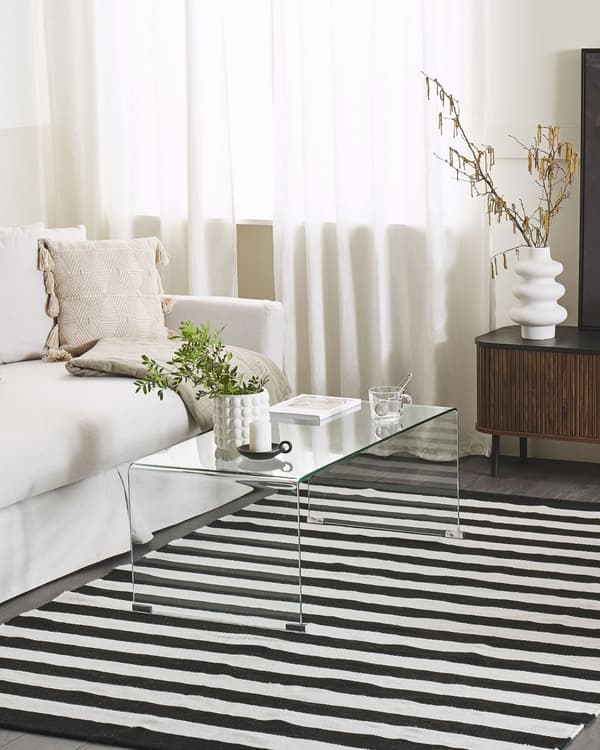 Teppe Svart Hvit Stoff 140 x 200 cm Innendørs Utendørs Stripemønster Moderne