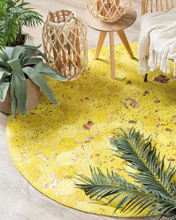 Teppe Gult Skinn 140 cm Moderne Lappeteppe Turkis Honeycomb Mønster Håndvevd Rundt Teppe
