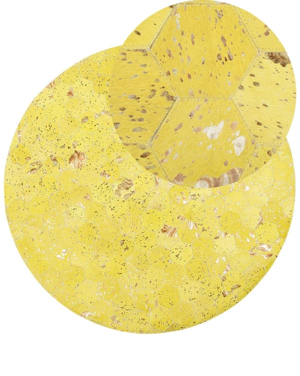 Teppe Gult Skinn 140 cm Moderne Lappeteppe Turkis Honeycomb Mønster Håndvevd Rundt Teppe