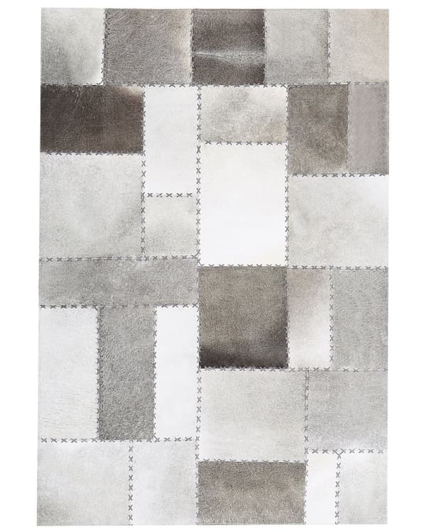 Teppe i brunt og grått okseskinn 160 x 230 cm Håndlaget lappeteppe Vintage