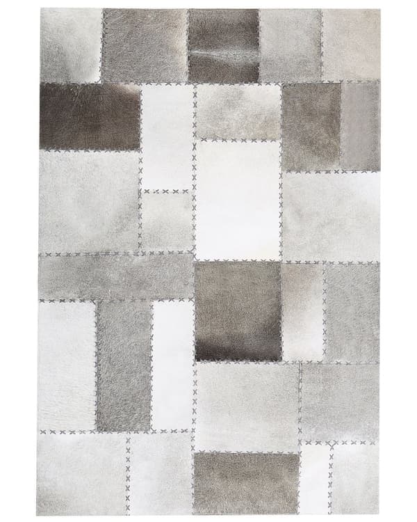 Teppe i brunt og grått okseskinn 160 x 230 cm Håndlaget lappeteppe Vintage
