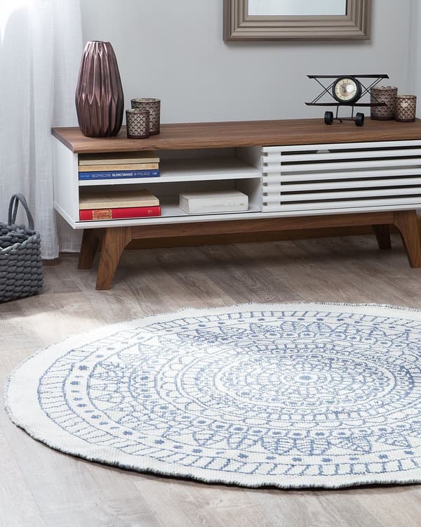 Teppe Blå Beige 140 cm Vendbart Syntetisk Materiale Utendørs Innendørs Rund