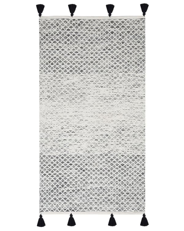 Teppe Svart Hvit Ull 80 x 150 cm med dusker Geometrisk mønster Håndvevd Flatvev