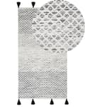 Miniatyrbilde 1 av 6: Teppe Svart Hvit Ull 80 x 150 cm med dusker Geometrisk mønster Håndvevd Flatvev