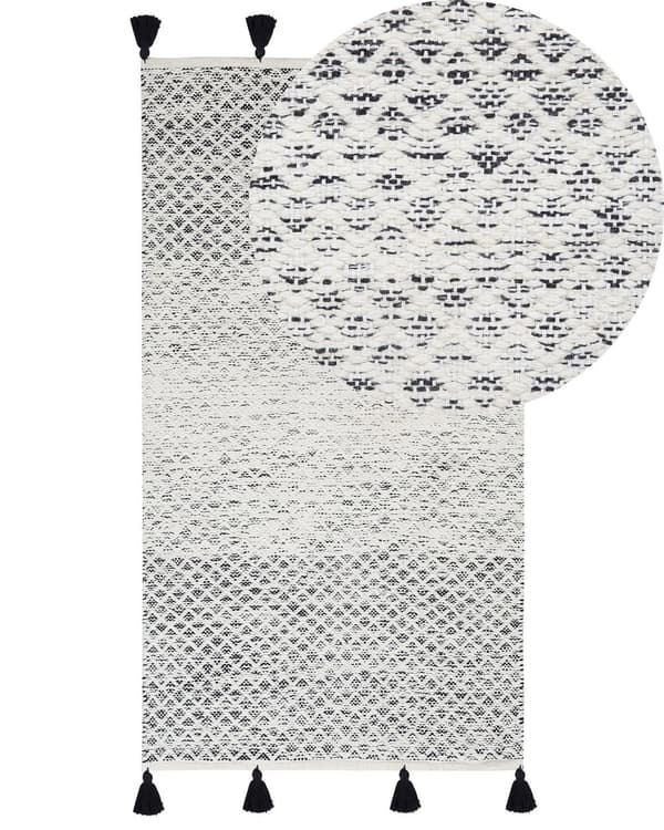 Teppe Svart Hvit Ull 80 x 150 cm med dusker Geometrisk mønster Håndvevd Flatvev