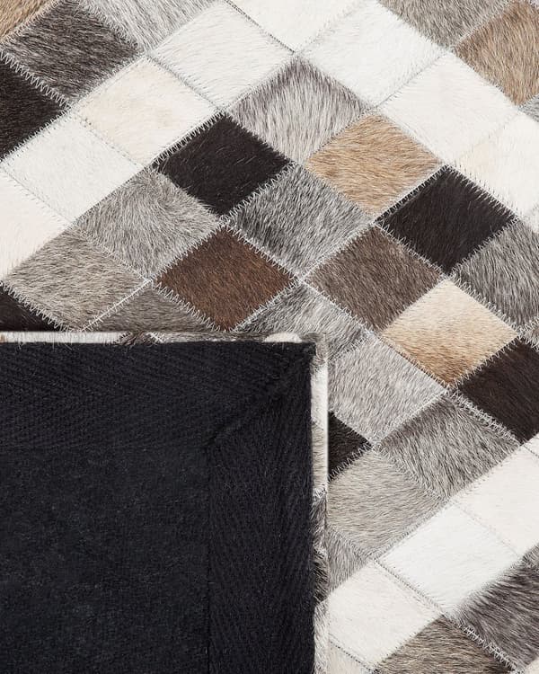 Teppe Gråbrunt Flerfarget Skinn og Filt 160 x 230 cm Rektangulært Geometrisk Lappeteppe Kuskinn Rombmønster Stue Soverom Dekor