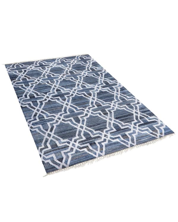 Teppe Blå Jute 140 x 200 cm Quatrefoil trellis Håndvevd Boligtekstil Orientalsk Klassisk Tradisjonelt