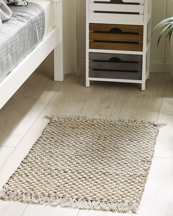 Løperteppe Beige Jute og Bomull 50 x 80 cm Frynsete Håndvevd Boho Gang Soverom