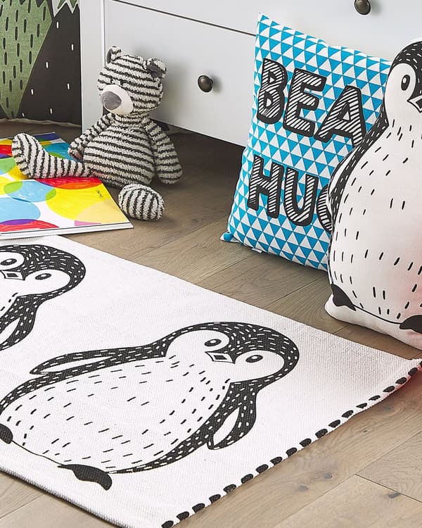 Gulvteppe Svart Hvit med Pingvinmotiv 60 x 90 cm Løperteppe med lav luv Barn Lekerom