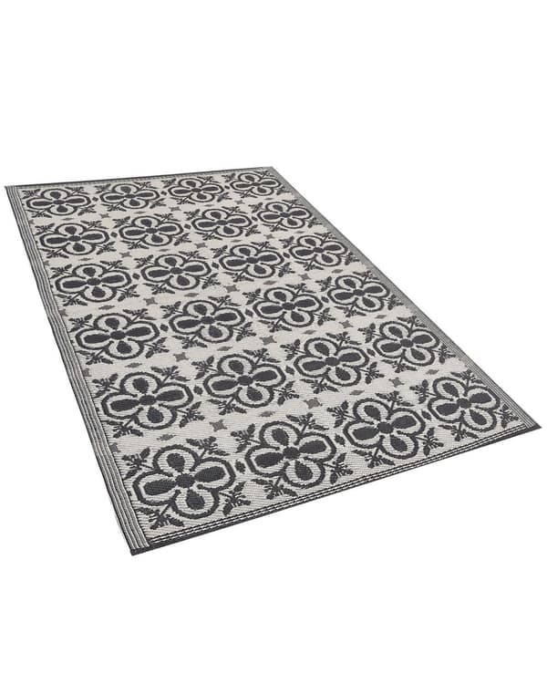 Utendørs teppematte i svart og hvitt syntetisk materiale 120 x 180 cm Blomstermønster Moderne
