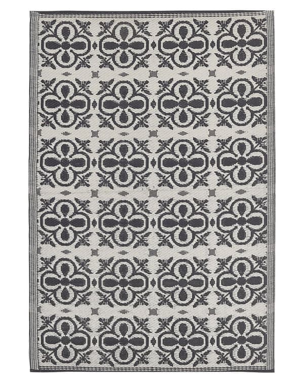 Utendørs teppematte i svart og hvitt syntetisk materiale 120 x 180 cm Blomstermønster Moderne