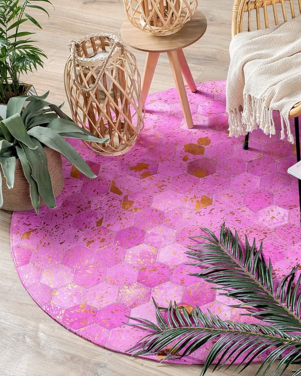 Teppe Rosa Skinn 140 cm Moderne Lappeteppe Turkis Honningkake Mønster Håndvevd Rundt Teppe
