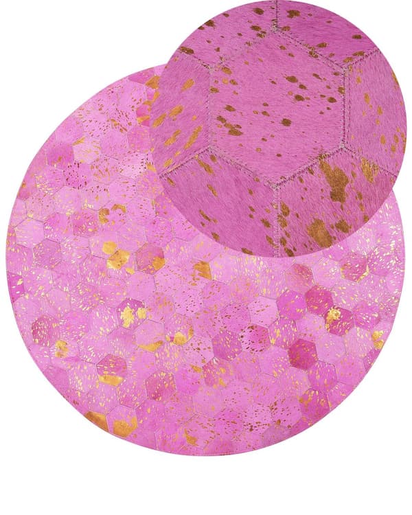 Teppe Rosa Skinn 140 cm Moderne Lappeteppe Turkis Honningkake Mønster Håndvevd Rundt Teppe