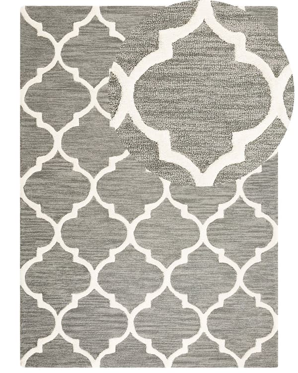 Teppe Grå Ull 160 x 230 cm Trellis Quatrefoil Mønster Håndtuftet Orientalsk Marokkansk Kløver