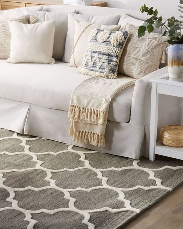 Teppe Grå Ull 140 x 200 cm Trellis Quatrefoil Mønster Håndtuftet Orientalsk Marokkansk Kløver