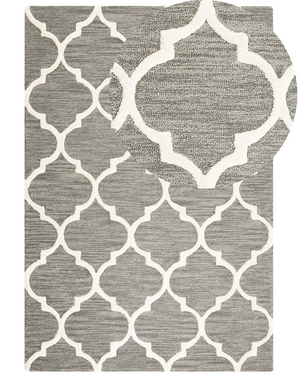 Teppe Grå Ull 140 x 200 cm Trellis Quatrefoil Mønster Håndtuftet Orientalsk Marokkansk Kløver