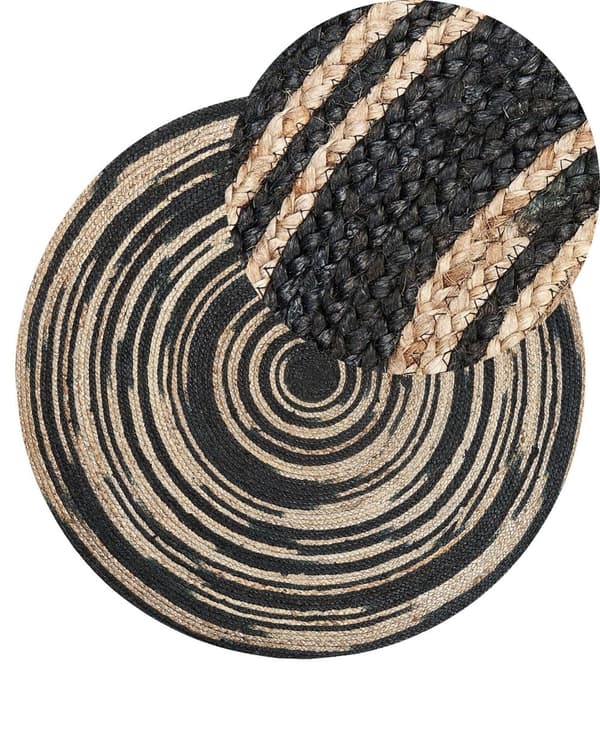 Gulvteppe Beige Svart Rund 140 cm Boho Rustikk Spiralflettet Jute Soverom Gang