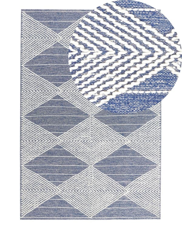 Gulvteppe Lyse Beige Blå Ull Polyester 140 x 200 cm Håndvevd Geometrisk Mønster Boho Stue Soverom