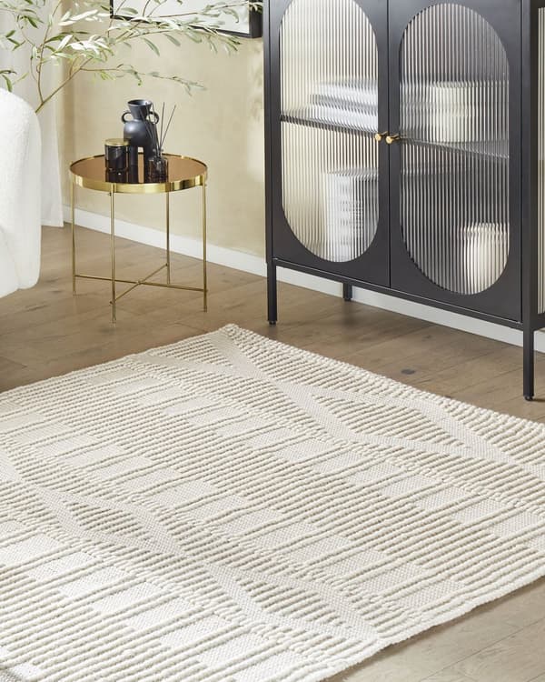 Teppe Beige Ull Polyester 200 x 200 cm Geometrisk mønster Håndvevd Boho Stue Soverom