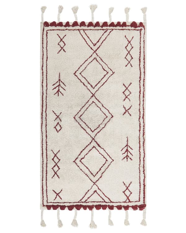 Teppe Hvit Rød Bomull 80 x 150 cm Geometrisk mønster Frynser Orientalsk Boho