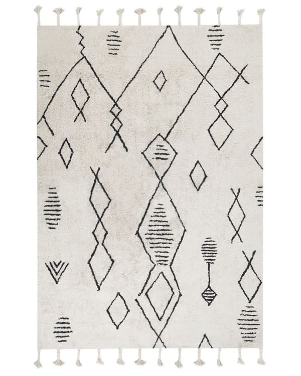 Teppe Hvit Svart Bomull 140 x 200 cm Geometrisk mønster Frynser Orientalsk Moderne Minimalistisk