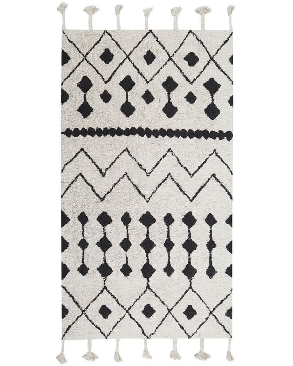 Teppe Hvit Svart Bomull 80 x 150 cm Geometrisk mønster Frynser Orientalsk Moderne