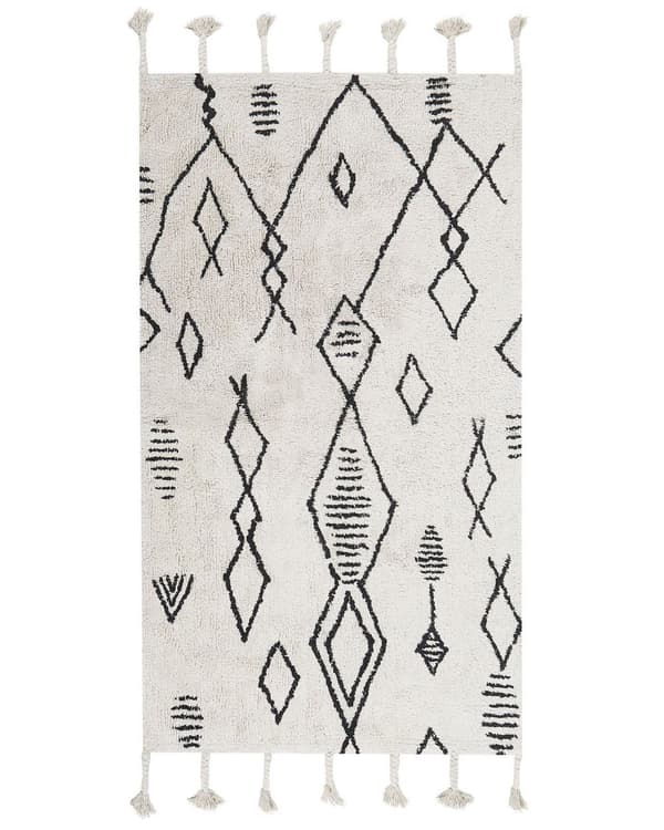Teppe Hvit Svart Bomull 80 x 150 cm Geometrisk mønster Frynser Orientalsk Moderne Minimalistisk