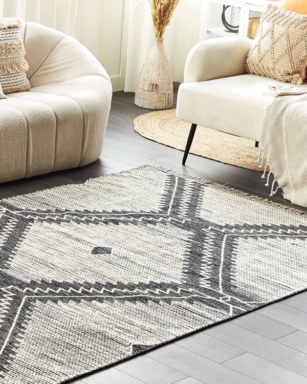 Teppe Bomull Svart Hvit 140 x 200 cm Frynser Geometrisk mønster Orientalsk Moderne Boho