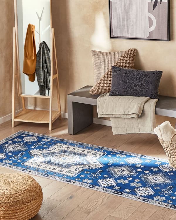 Gulvteppe Blå Beige Polyester 80 x 300 cm Geometrisk Mønster Stue Soverom Moderne Gang