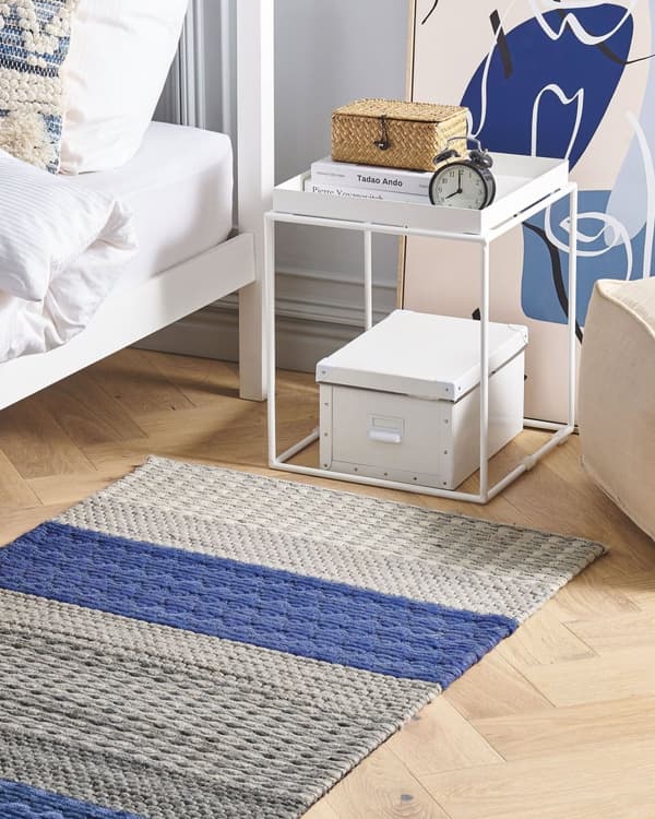 Teppe Blågrå Ull Polyester og Filt 80 x 150 cm Rektangulært Jacquardvevd Stripete Mønster Soverom Inngangsparti Moderne Interiørdesign Tilbehør