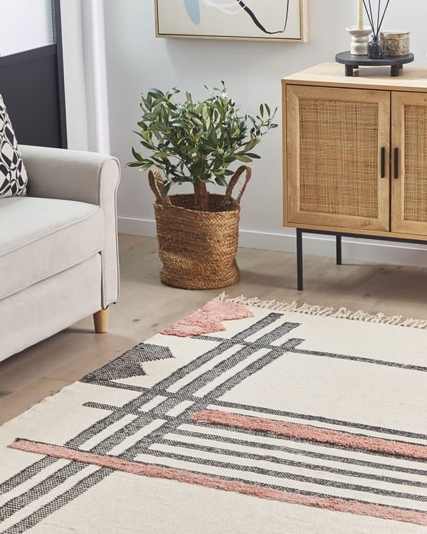 Bomullsteppe Teppe Svart Beige Bomull 140 x 200 cm Skandinavisk Mønster Håndvevd
