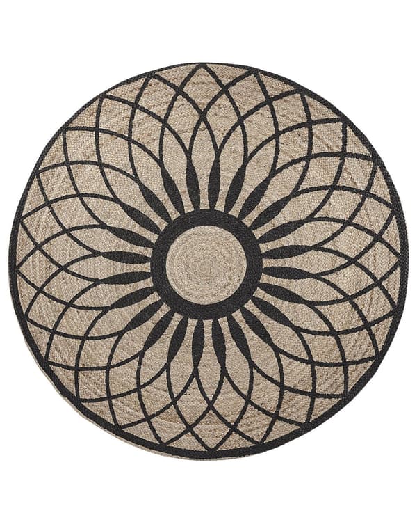 Teppe Beige Svart Rundt 140 cm Boho Mandala Print Rustikk Jute