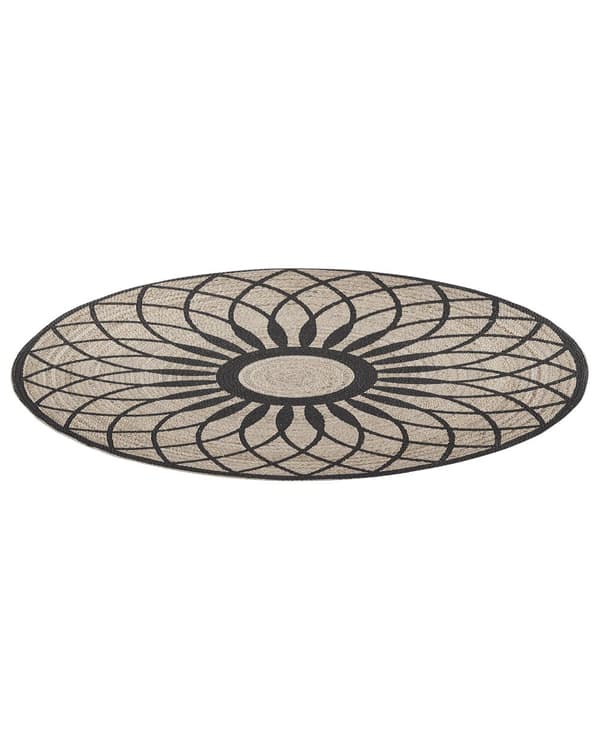 Teppe Beige Svart Rundt 140 cm Boho Mandala Print Rustikk Jute