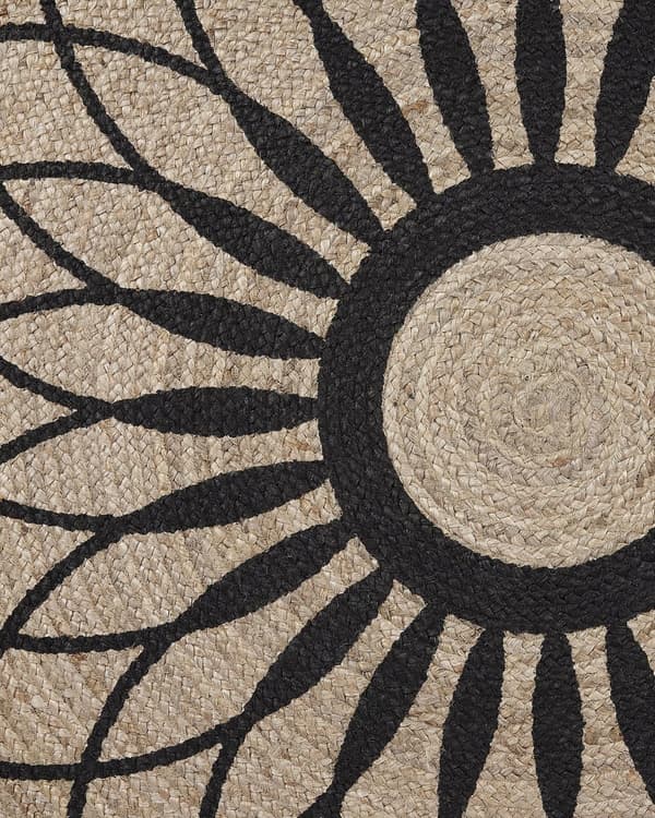 Teppe Beige Svart Rundt 140 cm Boho Mandala Print Rustikk Jute